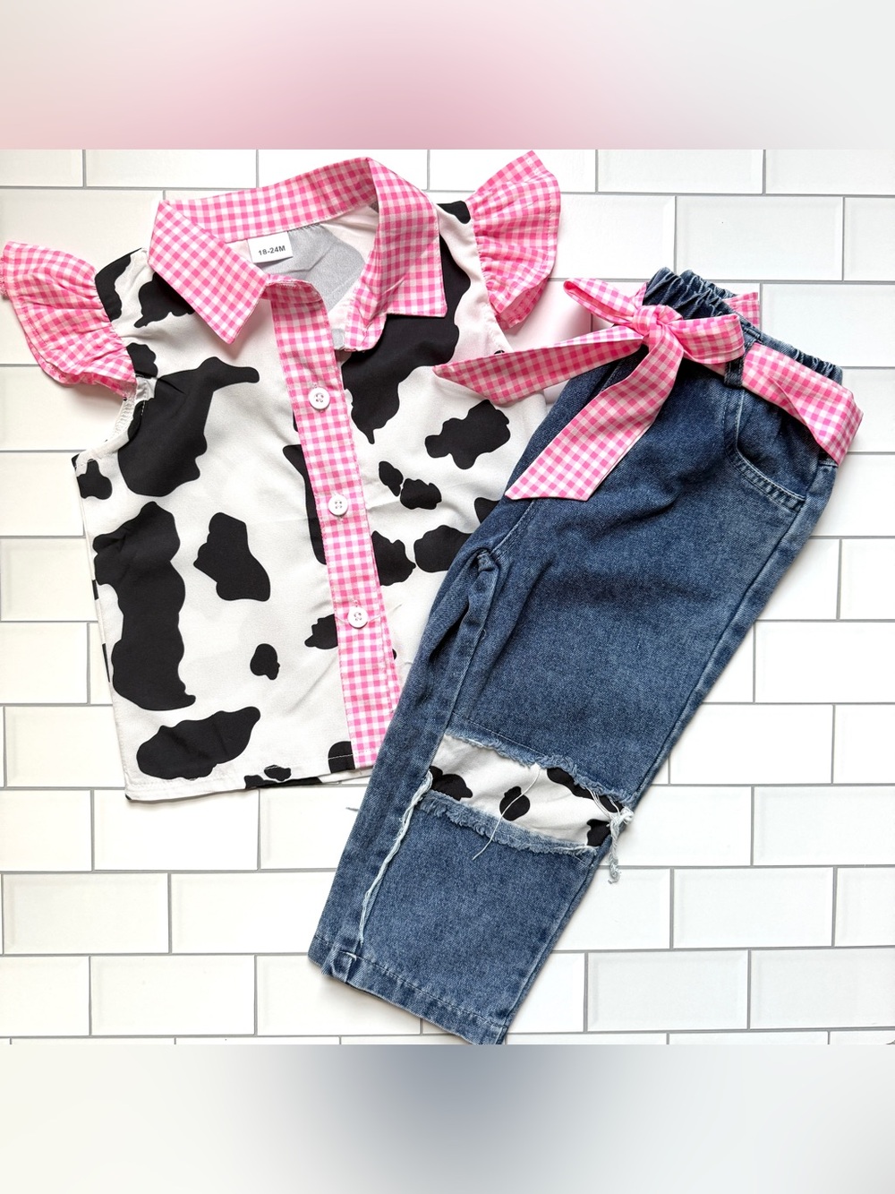 18-24M🐮2pc Western Cowgirl Outfit Cow Print Button Down Shirt Rodeo Denim Jeans - Picture 4 of 14